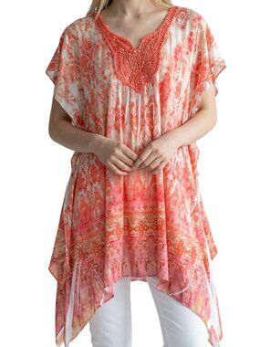 ONE WORLD Coral Embroidered Short Sleeve Handkerchief Hem Pullover Top - Size XL
